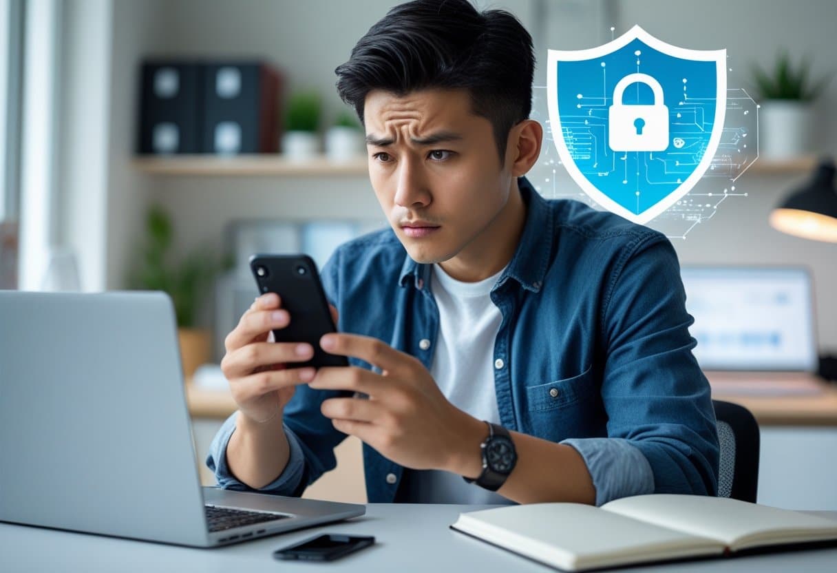 Pessoa preocupada segurando um smartphone com a tela do WhatsApp aberta, sentada em uma mesa de escritório em casa, com laptop e caderno ao redor.