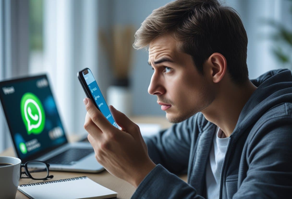 Pessoa preocupada segurando um smartphone em um escritório em casa, examinando a tela com atenção.