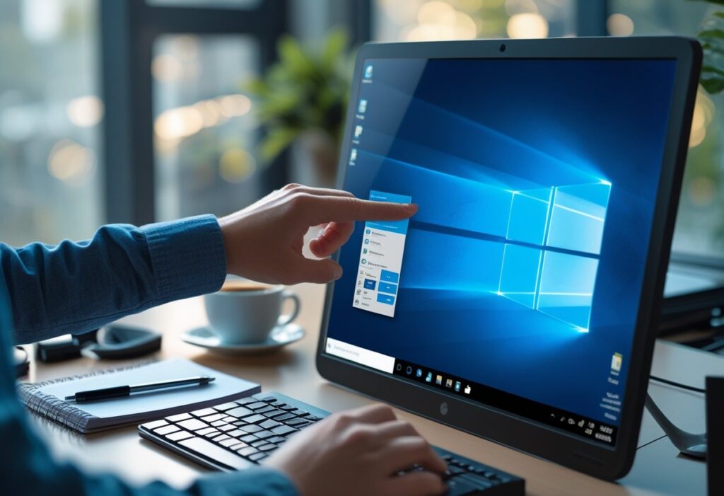 Mãos de uma pessoa pressionando a tecla Print Screen em um teclado de computador em uma mesa organizada.