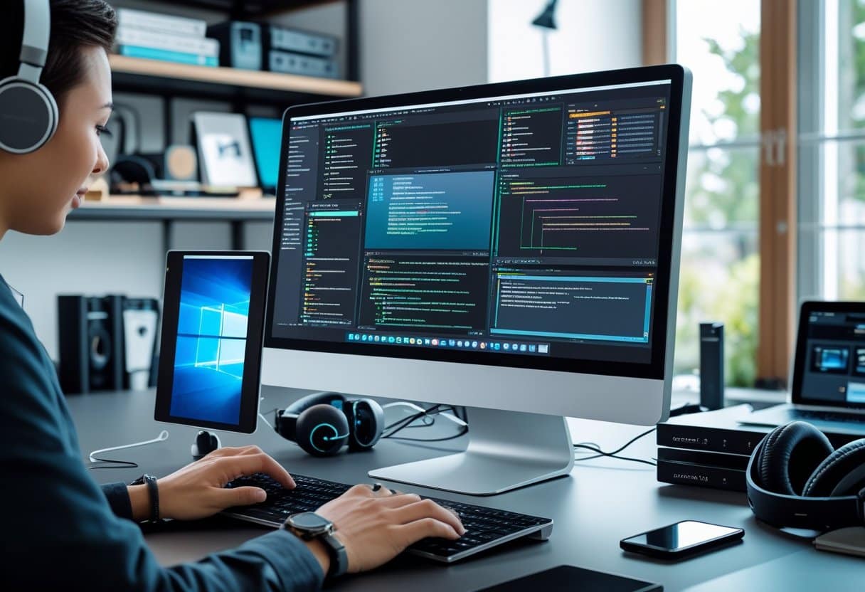 Mesa de trabalho com computador desktop e mãos usando teclado e mouse, mostrando o processo de captura de tela no PC.