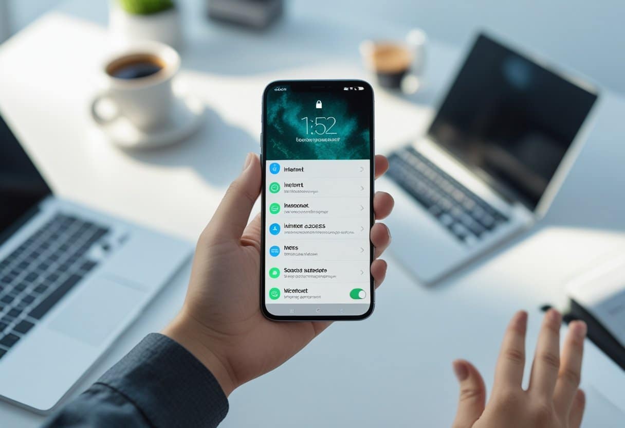 Pessoa segurando um smartphone com o aplicativo WhatsApp aberto na tela, mostrando configurações relacionadas à internet.