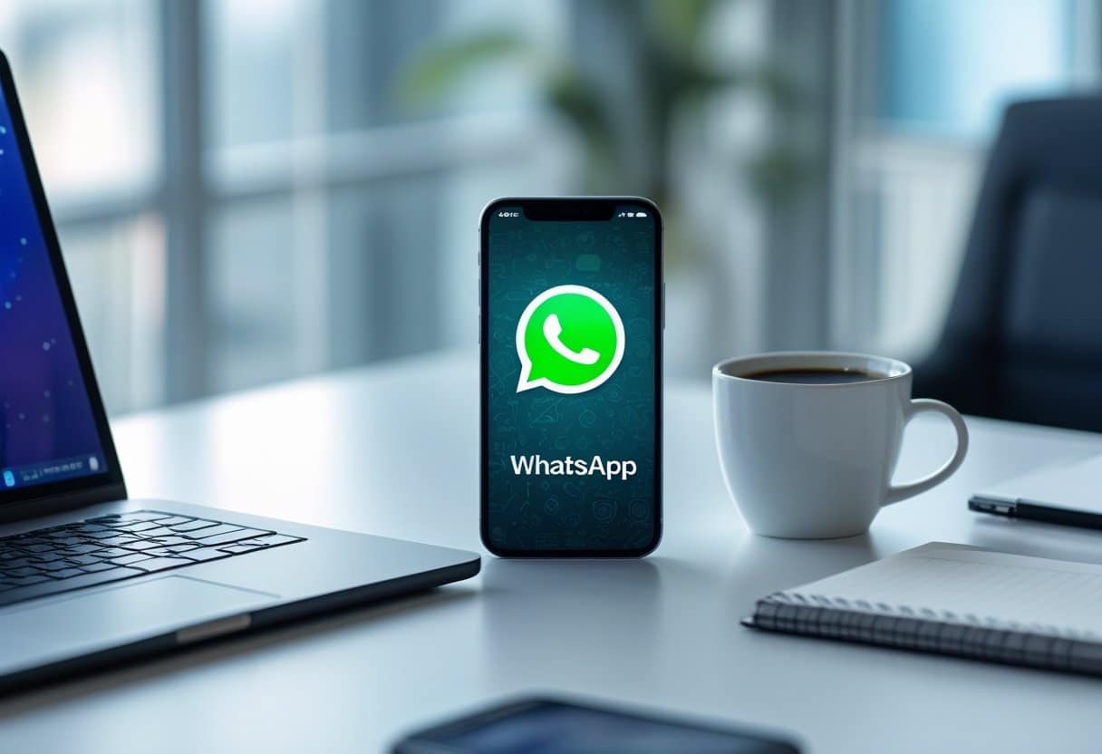 Um smartphone mostrando o ícone do WhatsApp em uma mesa de trabalho com laptop, bloco de notas e café ao redor.