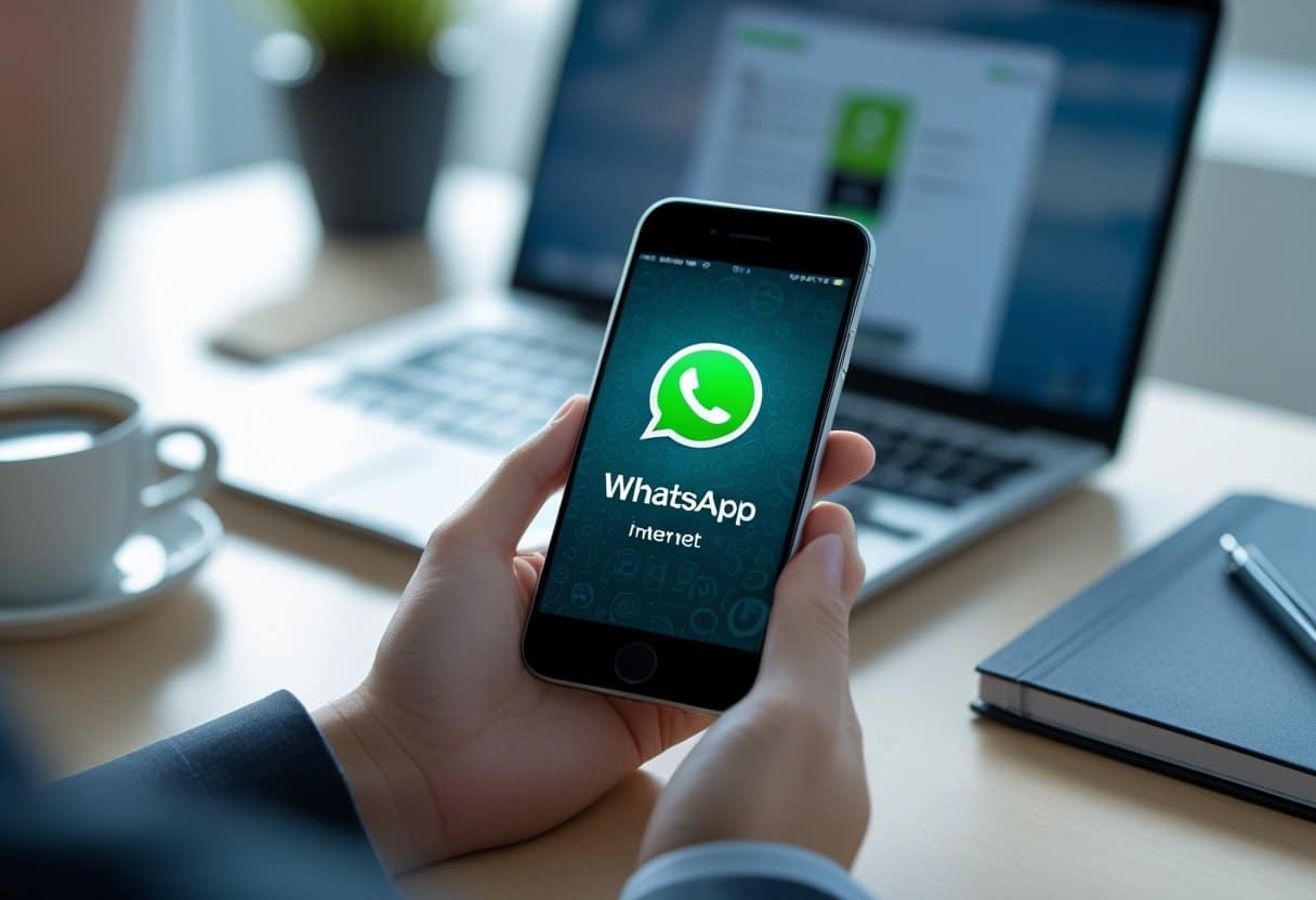 Pessoa segurando um smartphone com o WhatsApp aberto mostrando que a internet está desligada, em uma mesa com laptop e café ao fundo.