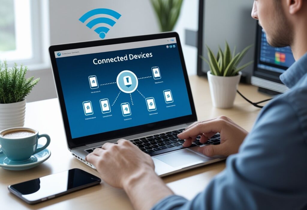 Pessoa usando um laptop para verificar dispositivos conectados ao Wi-Fi em um ambiente de escritório doméstico organizado.