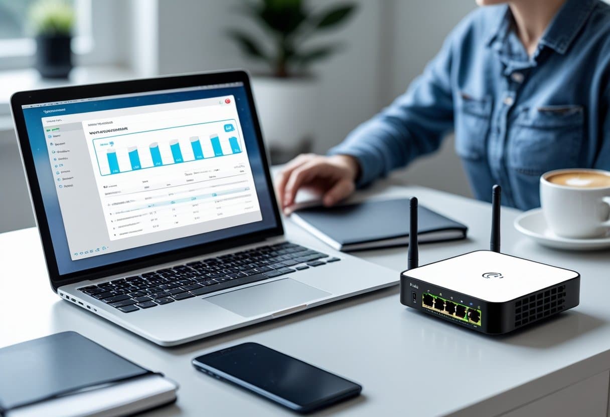 Pessoa usando um laptop em uma mesa com um roteador Wi-Fi próximo, demonstrando conexão de internet em um ambiente doméstico.