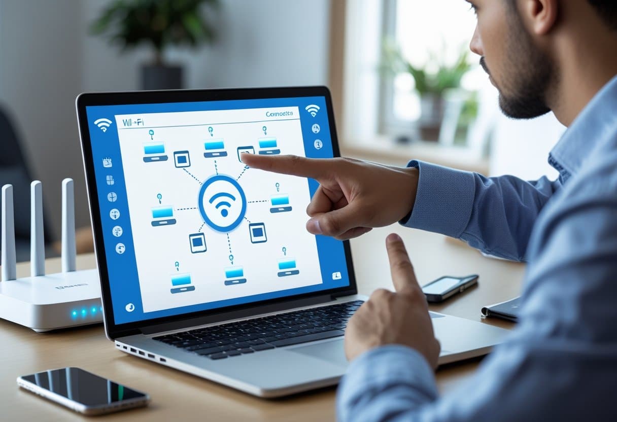 Pessoa em um escritório doméstico analisando conexões de dispositivos em um laptop, com um roteador Wi-Fi ao fundo.