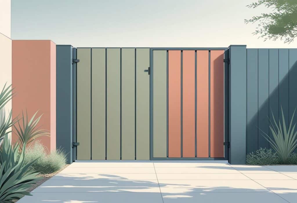 Portão moderno com cores da moda em tons pastel, rodeado por plantas e caminho de pedra.