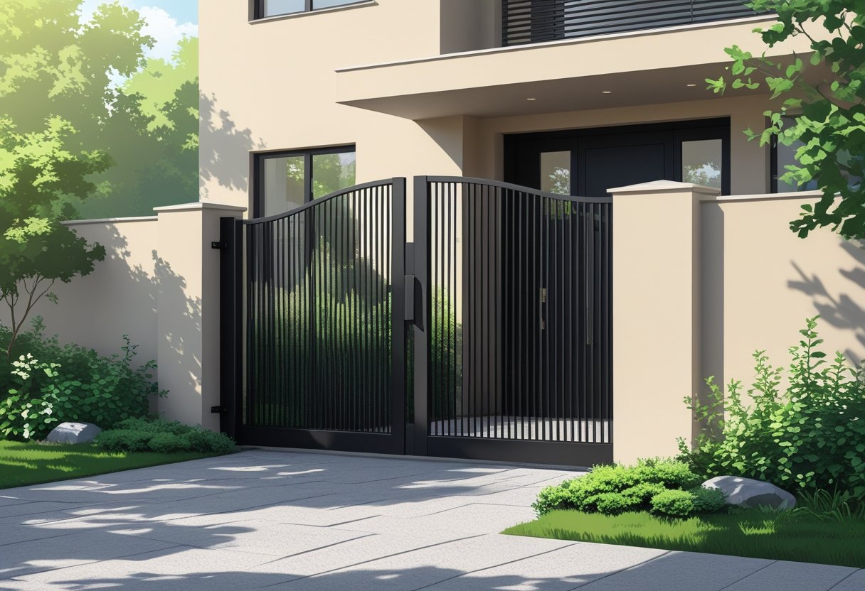 Portão preto em uma entrada de casa moderna com parede bege, plantas verdes e caminho de pedras cinza claro ao redor.