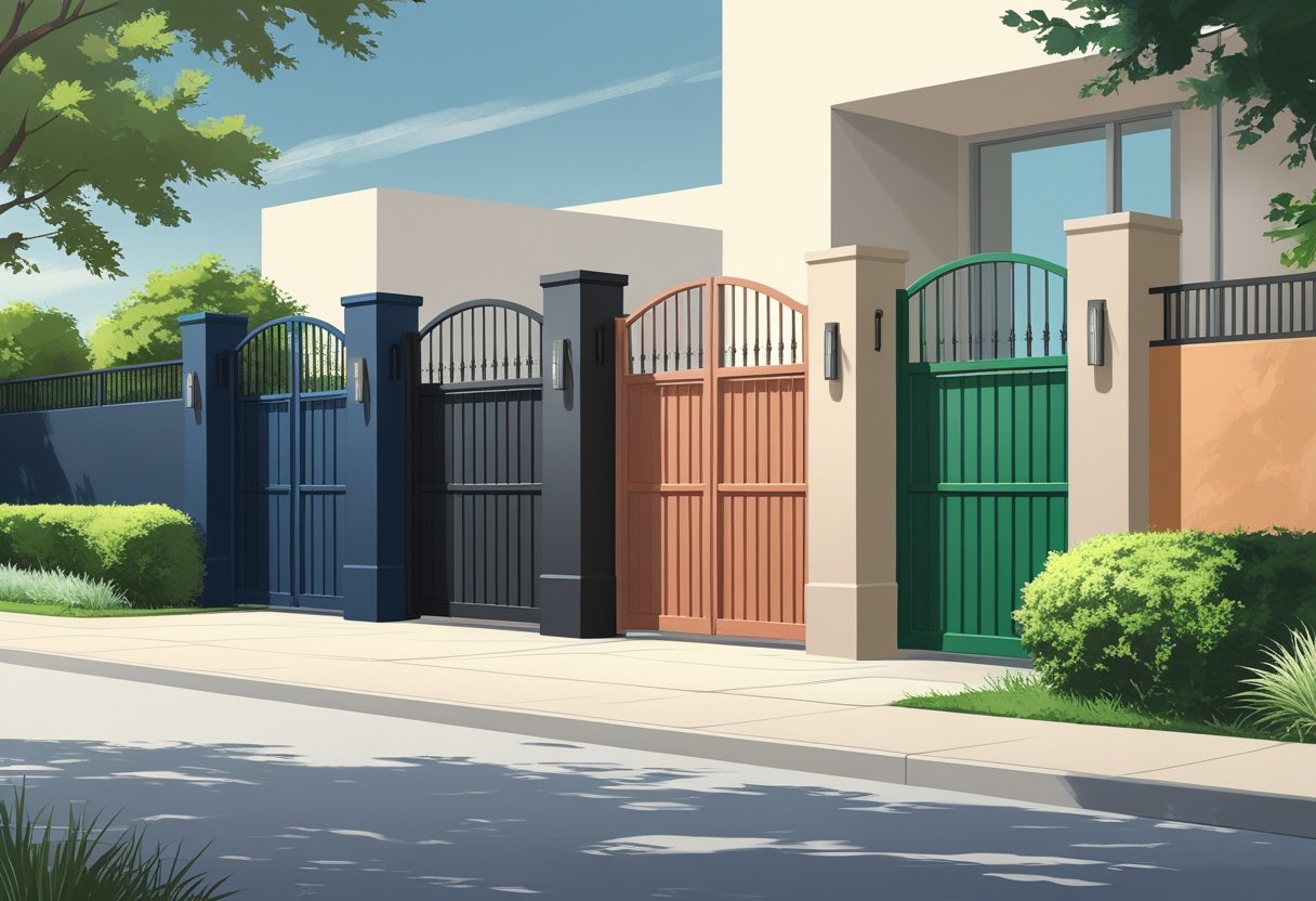 Vários portões modernos em diferentes cores da moda, alinhados em um ambiente externo com plantas e caminho de pedra.