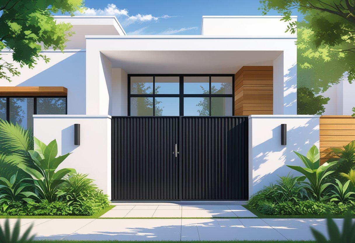Fachada de uma casa moderna com portão preto, paredes brancas, detalhes em madeira e plantas verdes ao redor.