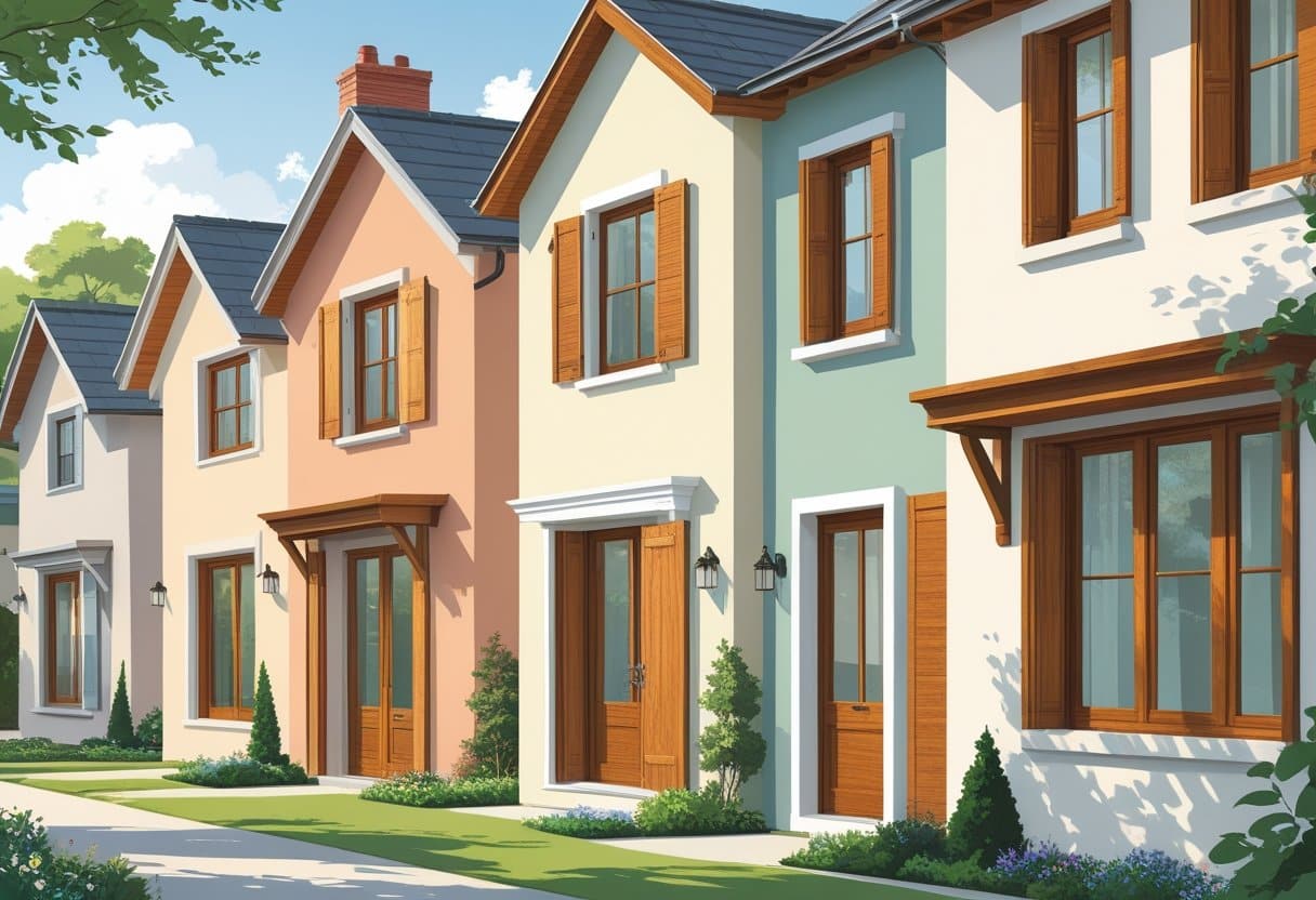 Várias casas com janelas de madeira, pintadas em diferentes cores, em um dia ensolarado com vegetação ao redor.