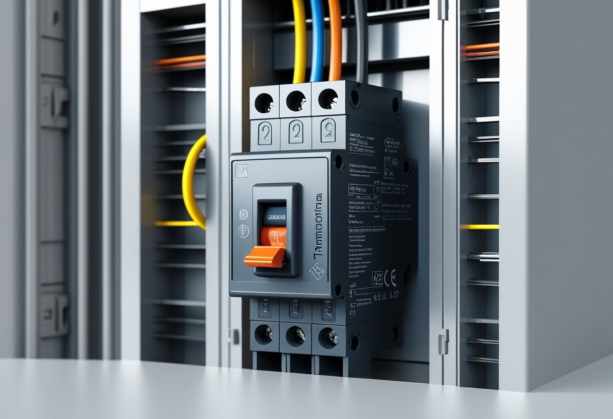 Painel elétrico aberto mostrando um disjuntor Tramontina instalado com fios organizados.