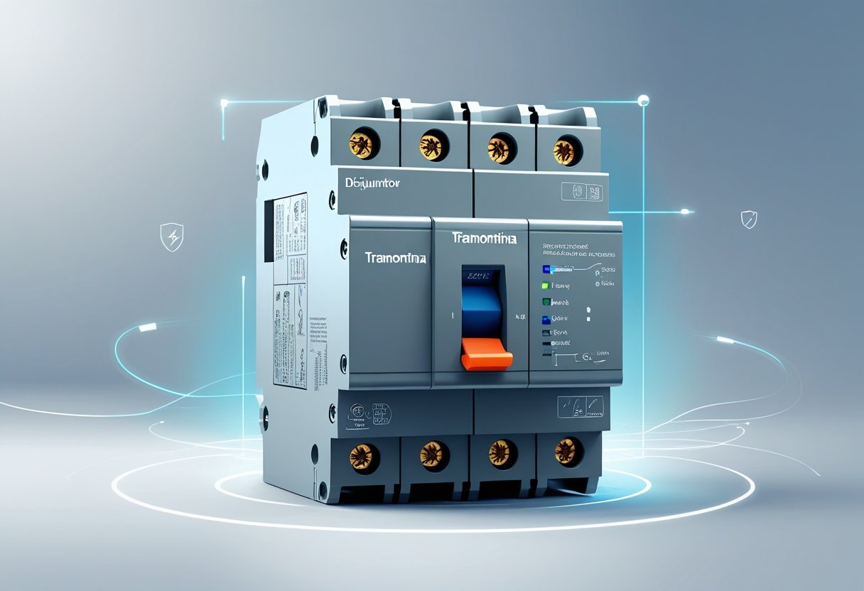 Imagem de um disjuntor Tramontina detalhado com elementos que representam eletricidade e segurança ao redor.