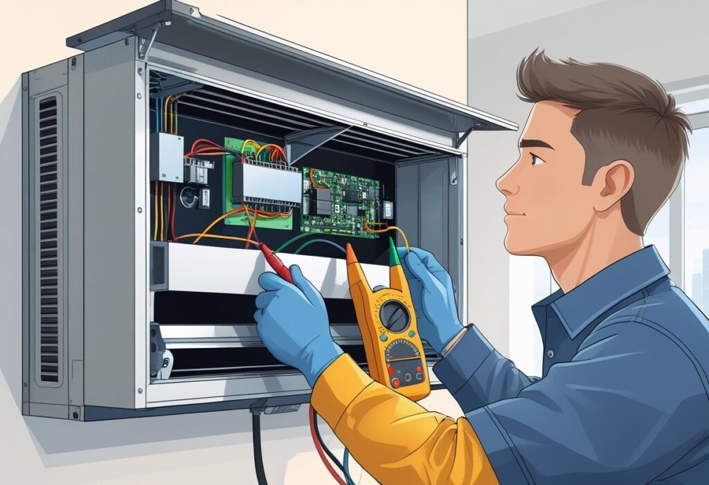 Técnico verificando componentes internos de um ar condicionado com um multímetro, mostrando o aparelho aberto e sinais sutis de dano.