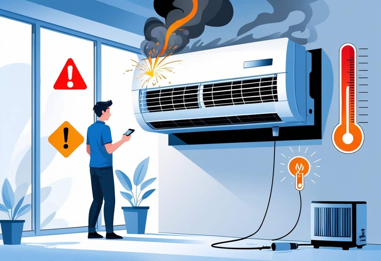 Pessoa inspecionando um aparelho de ar-condicionado com fumaça saindo e sinais visuais de que está quebrado.