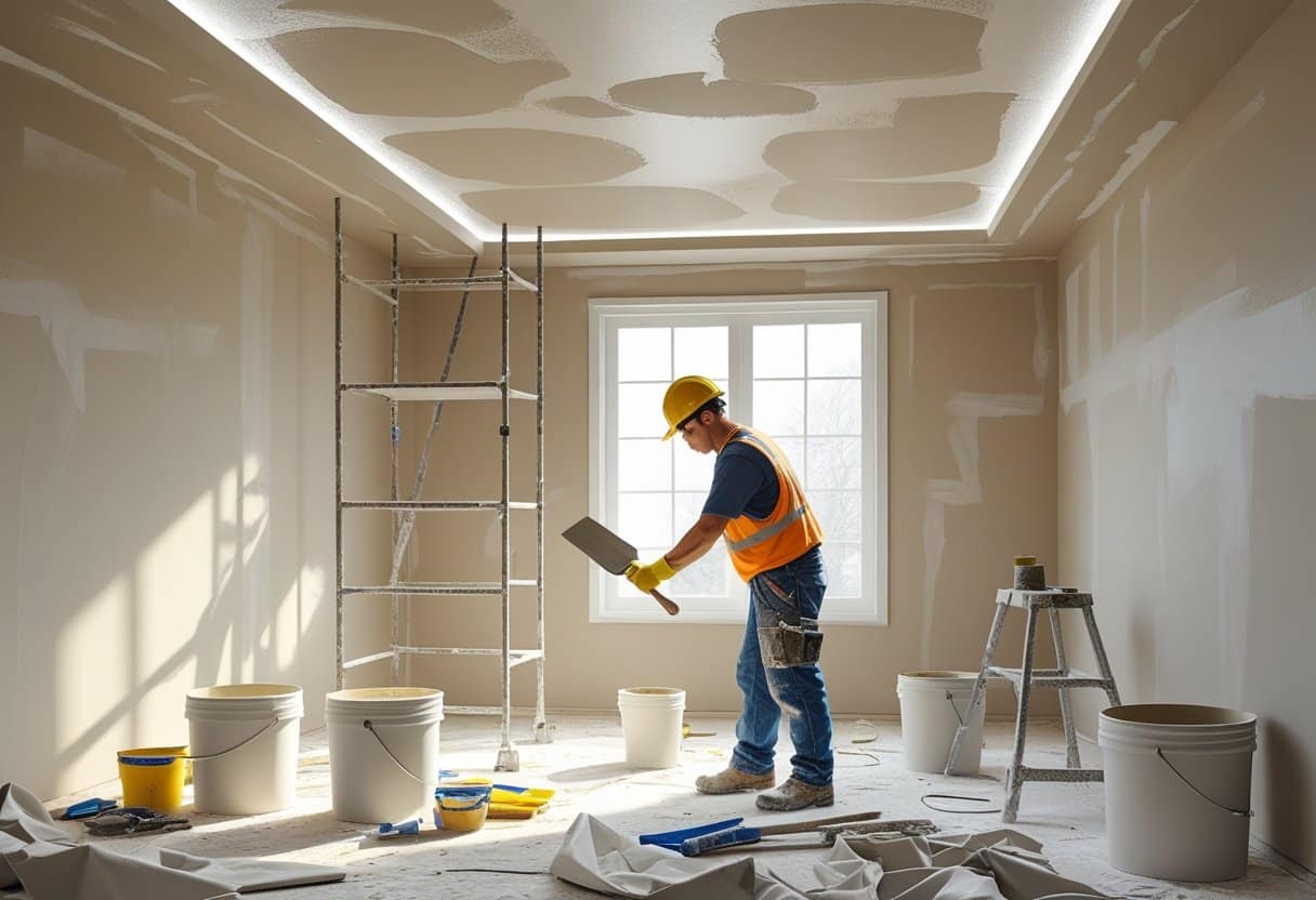 Um trabalhador aplicando gesso no teto de um cômodo em reforma, usando equipamentos de segurança e ferramentas apropriadas.