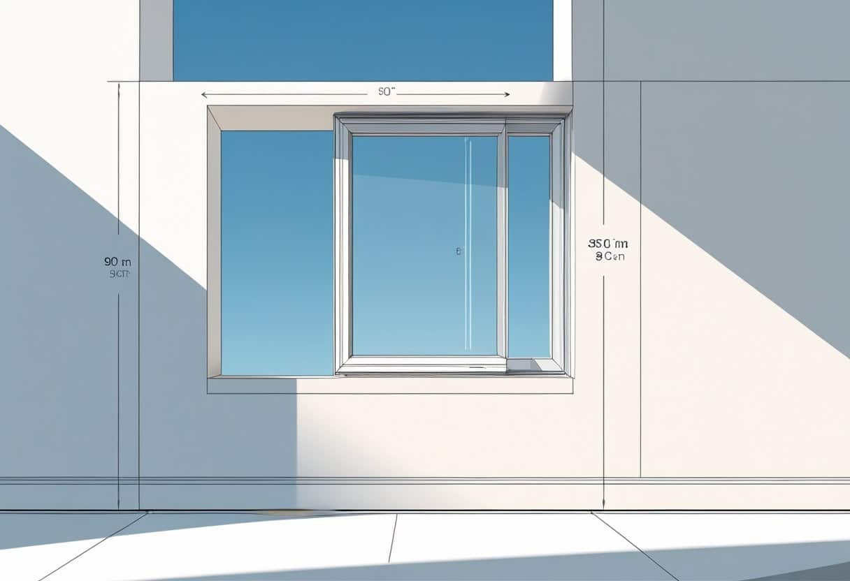 Ilustração mostrando a altura padrão de uma janela em uma parede residencial, com uma linha de medição indicando a distância do chão até o peitoril da janela.