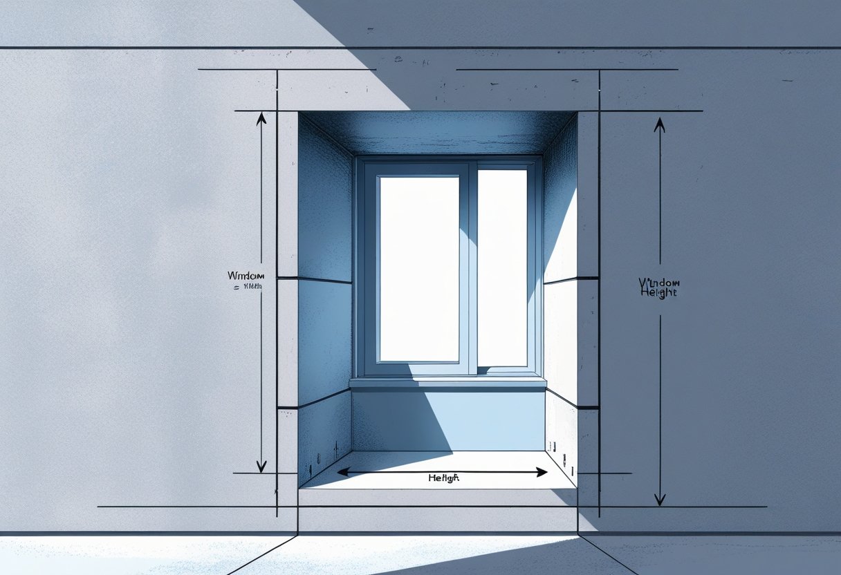 Ilustração mostrando a seção de uma parede com uma janela e linhas indicando as medidas de altura da janela em relação ao chão.