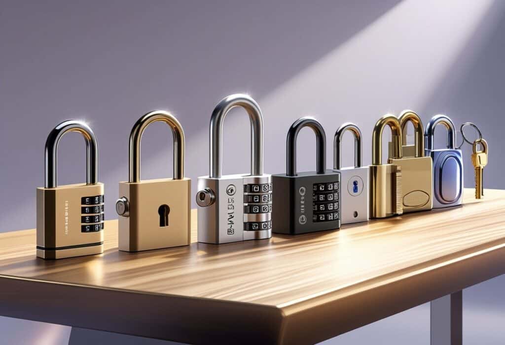 Vários cadeados de diferentes tipos exibidos sobre uma mesa de madeira, destacando sua variedade e qualidade.