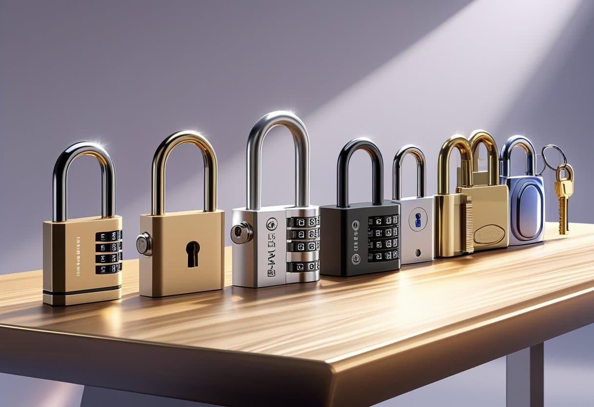 Vários cadeados de diferentes tipos exibidos sobre uma mesa de madeira, destacando sua variedade e qualidade.