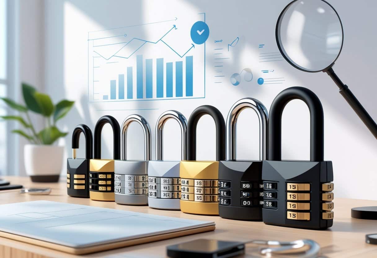 Vários cadeados diferentes organizados sobre uma mesa, com elementos gráficos ao fundo que indicam análise e comparação.