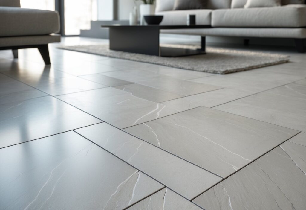 Piso de porcelanato em ambiente interno moderno com móveis contemporâneos.