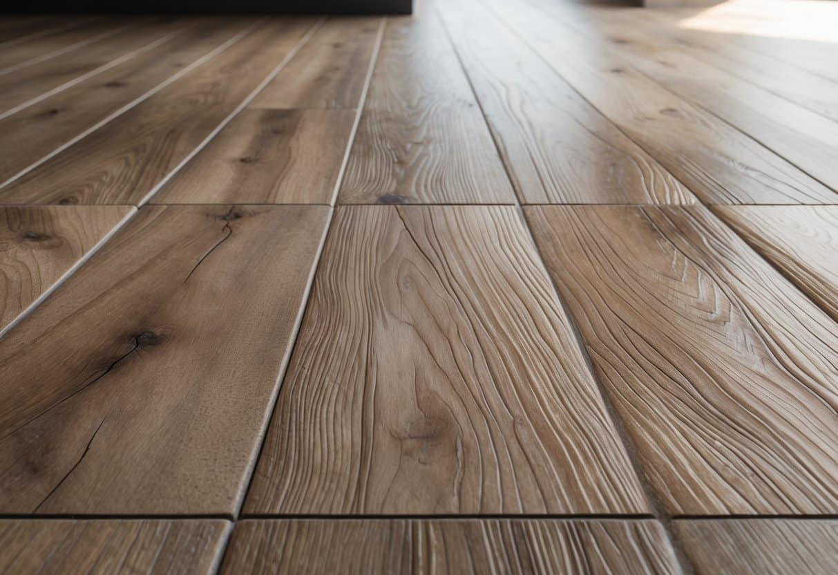 Piso de porcelanato com textura e aparência de madeira em tons marrons, visto de perto.