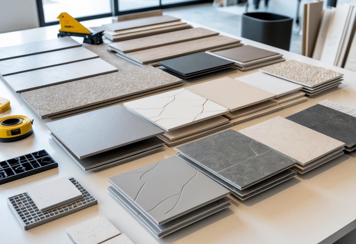Amostras variadas de porcelanato organizadas sobre uma mesa em um ambiente claro, com ferramentas de instalação ao redor.