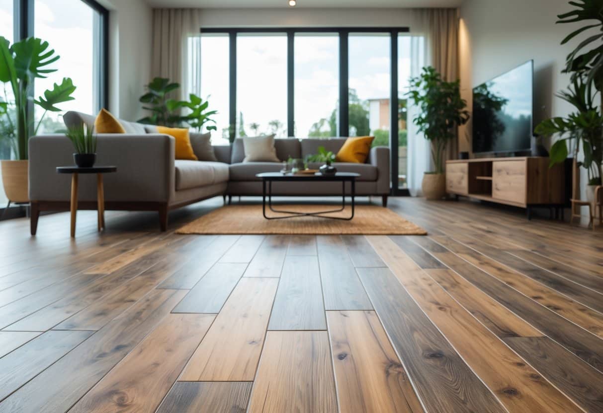 Sala de estar moderna com piso de porcelanato amadeirado, móveis contemporâneos e plantas, iluminada por luz natural.