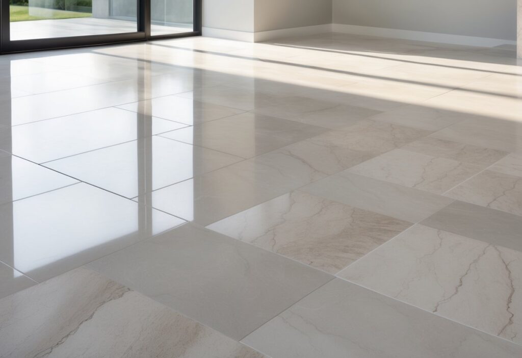 Piso de porcelanato polido com superfície lisa e brilhante, refletindo a luz natural.