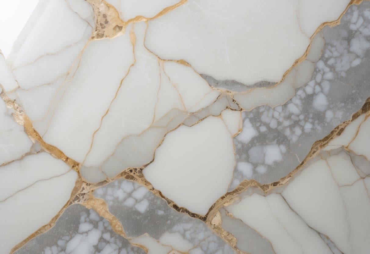 Superfície polida de porcelanato Calacata com veios cinza e dourados sobre fundo branco.