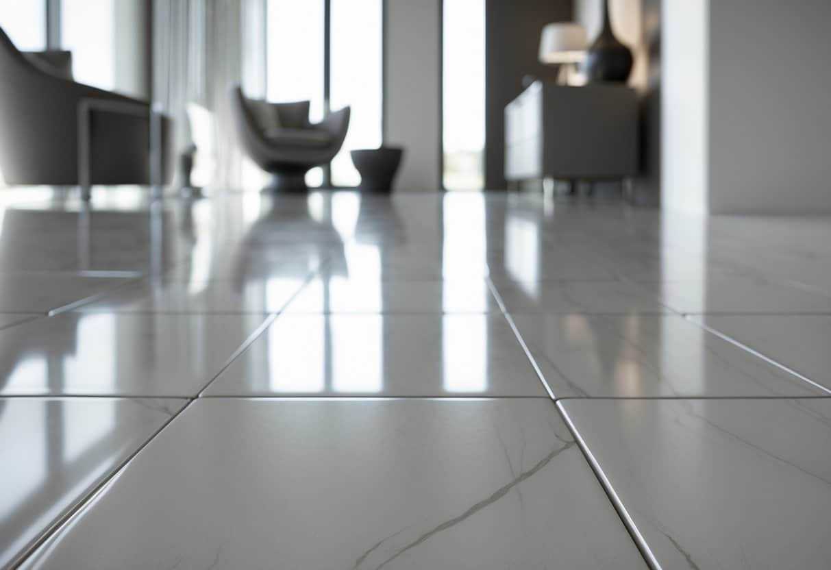 Piso de porcelanato polido com acabamento brilhante em ambiente interno moderno e minimalista.