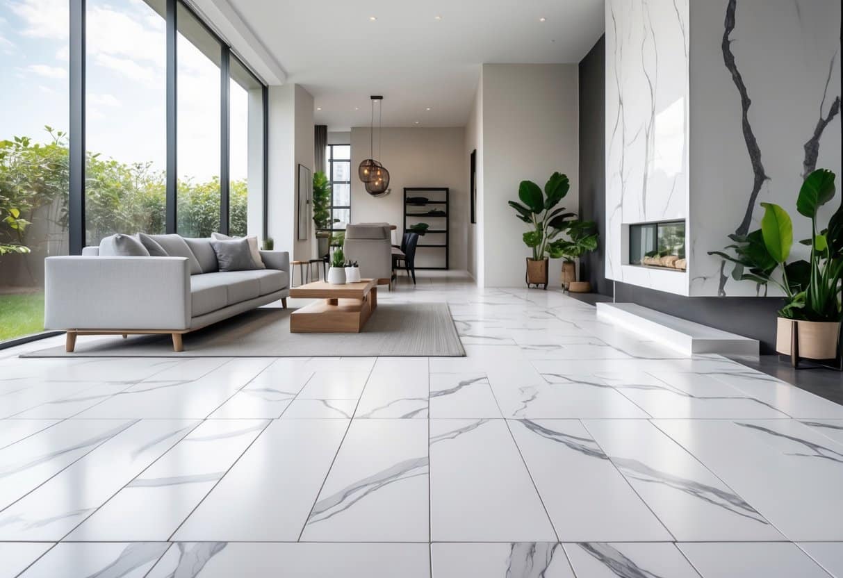 Ambiente interno moderno com piso e parede revestidos em porcelanato Calacata, mostrando um espaço claro e elegante com móveis contemporâneos.