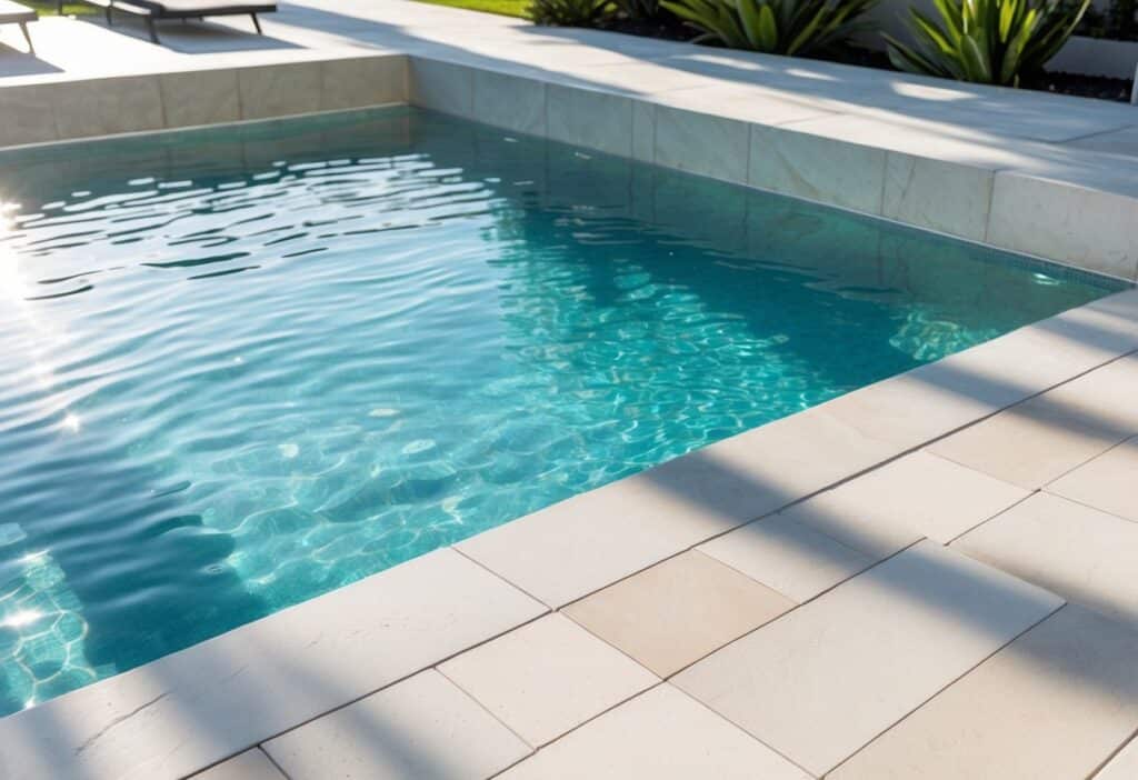 Piscina ao ar livre com piso de porcelanato ao redor e água cristalina sob luz do dia.