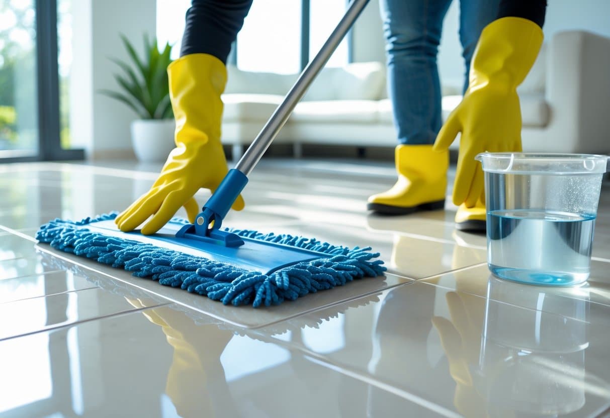 Pessoa limpando porcelanato com um mop em uma sala de estar iluminada e limpa.
