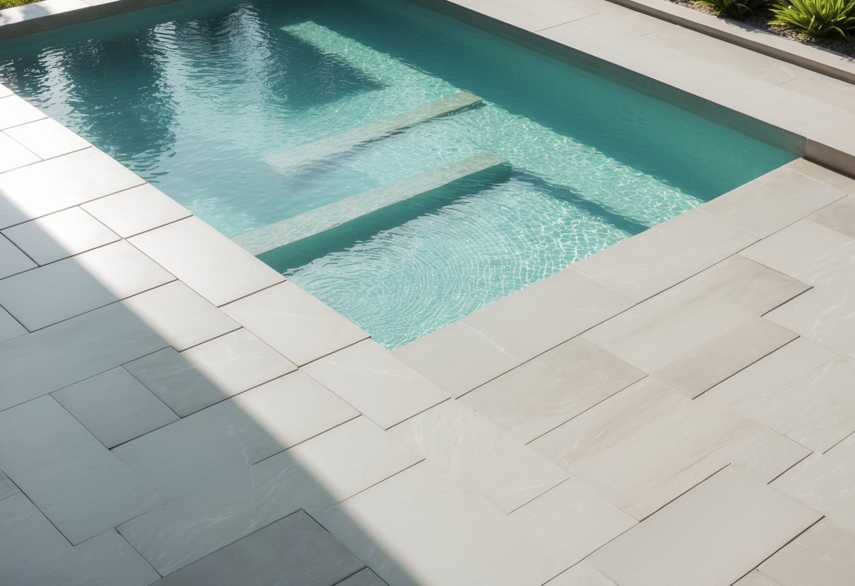 Piscina moderna com revestimento de porcelanato ao redor, água cristalina e área externa com plantas e espreguiçadeiras.