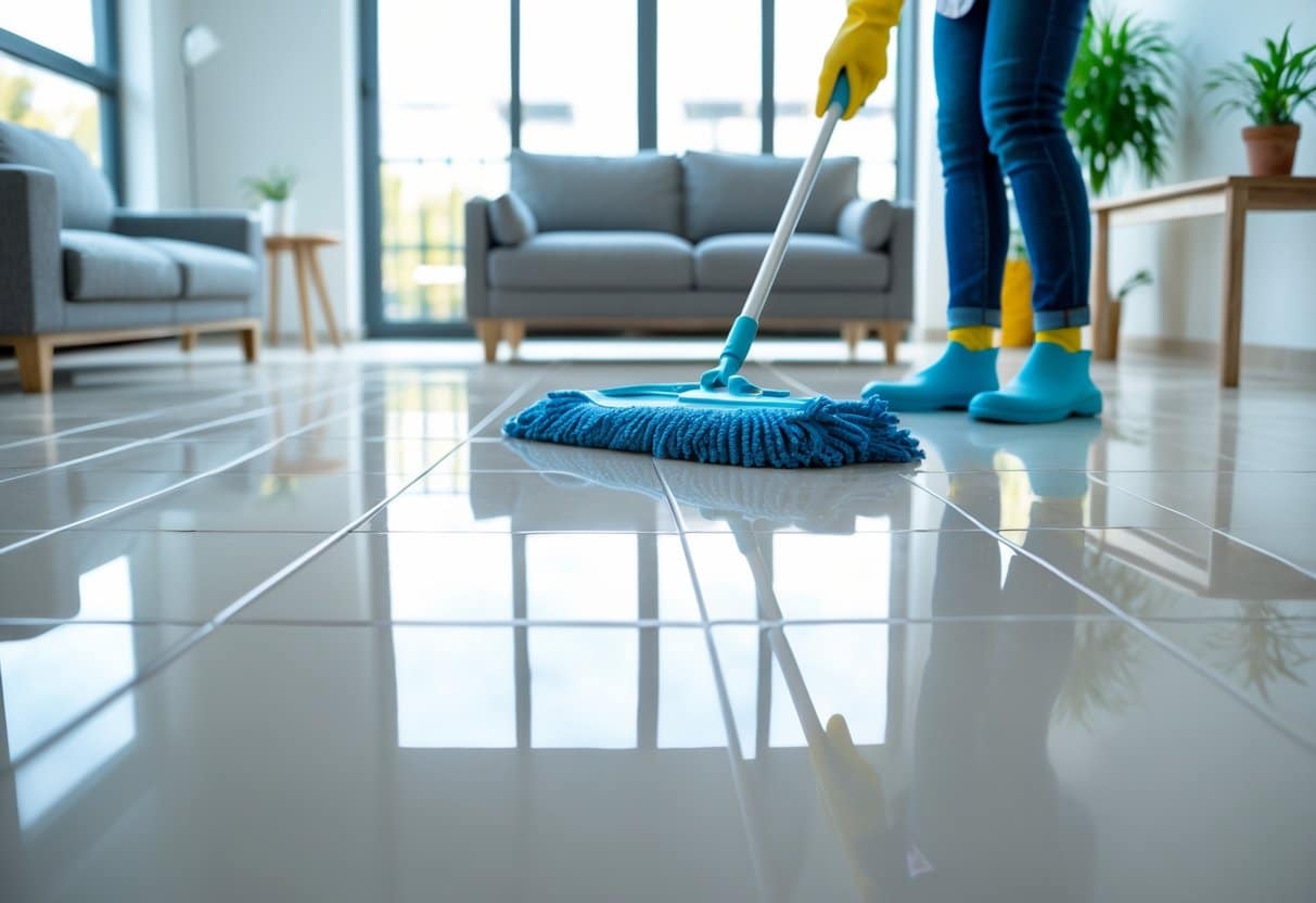 Pessoa limpando piso de porcelanato com um pano em uma sala de estar moderna e iluminada.
