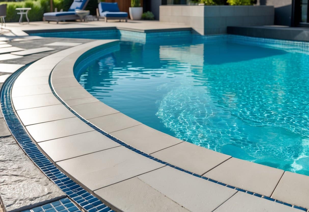 Área externa de piscina com diferentes tipos de porcelanato ao redor, destacando a água azul da piscina e móveis de descanso ao fundo.