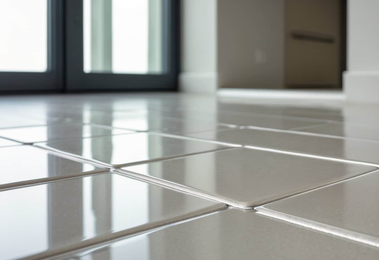 Piso de porcelanato instalado sobre outro piso, mostrando detalhes da superfície lisa e brilho natural.