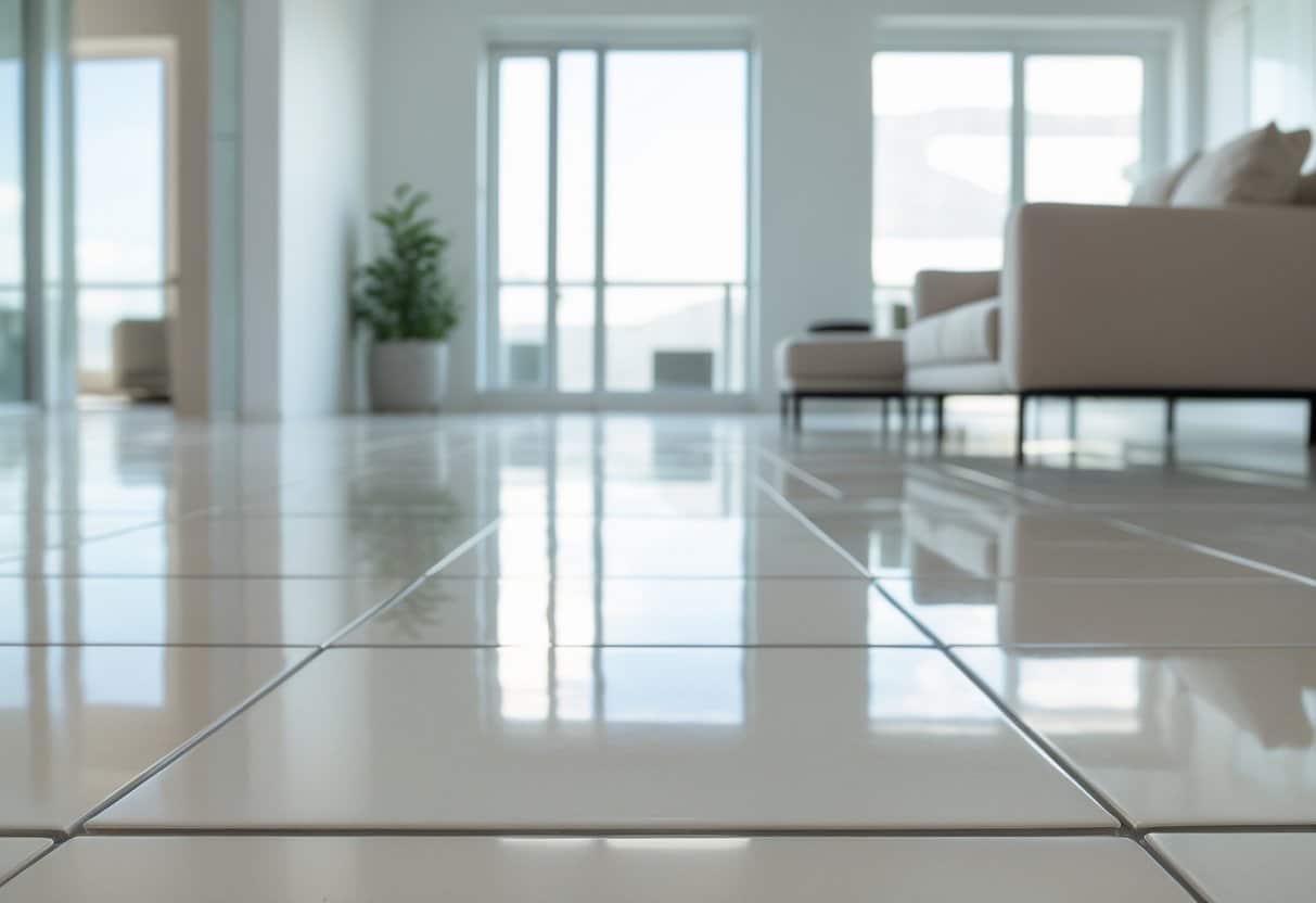 Ambiente interno moderno com piso de porcelanato instalado sobre piso antigo, destacando o acabamento liso e brilhante do revestimento.