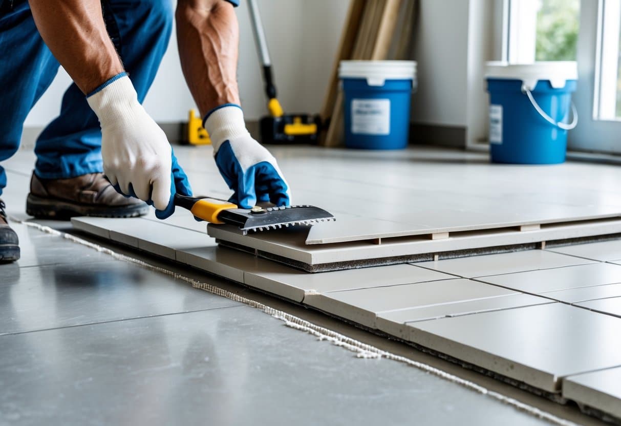 Trabalhador instalando porcelanato sobre piso existente, aplicando adesivo com espátula dentada em ambiente limpo e organizado.
