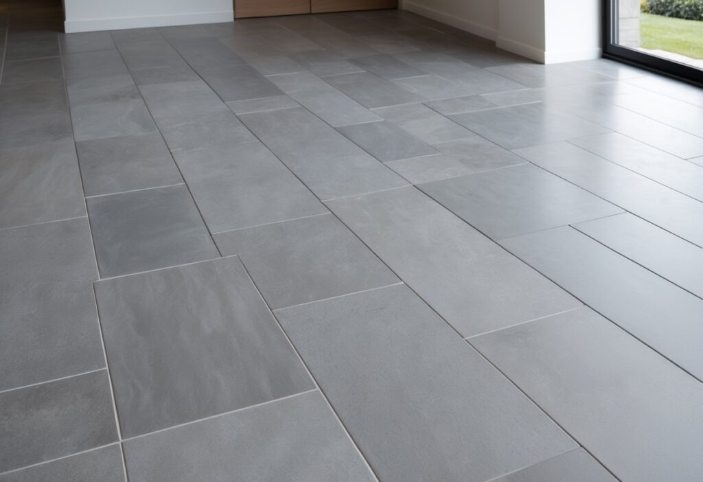 Piso de porcelanato cinza com acabamento liso e textura sutil, iluminado por luz natural.