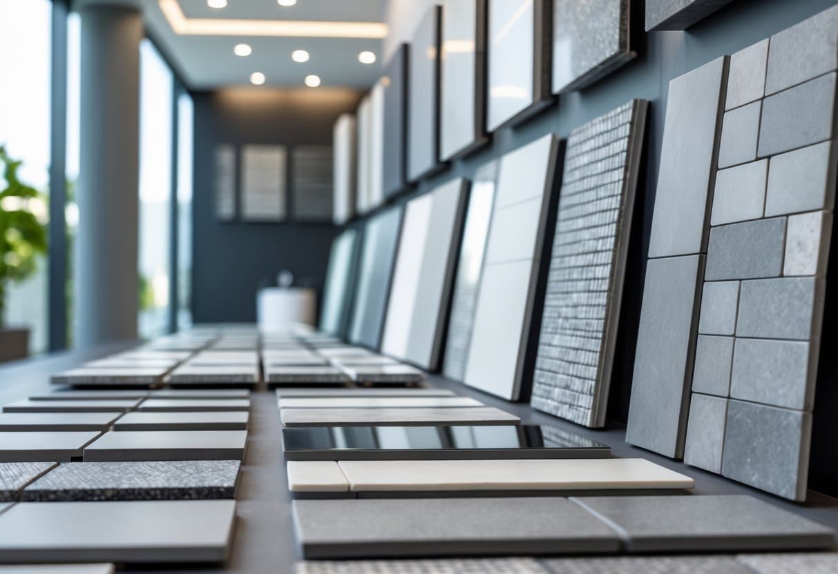 Vários tipos e modelos de porcelanato cinza exibidos em um showroom, mostrando diferentes texturas e acabamentos.