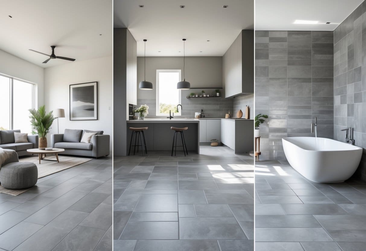 Ambientes internos modernos com piso de porcelanato cinza em sala de estar, cozinha e banheiro, iluminados por luz natural.