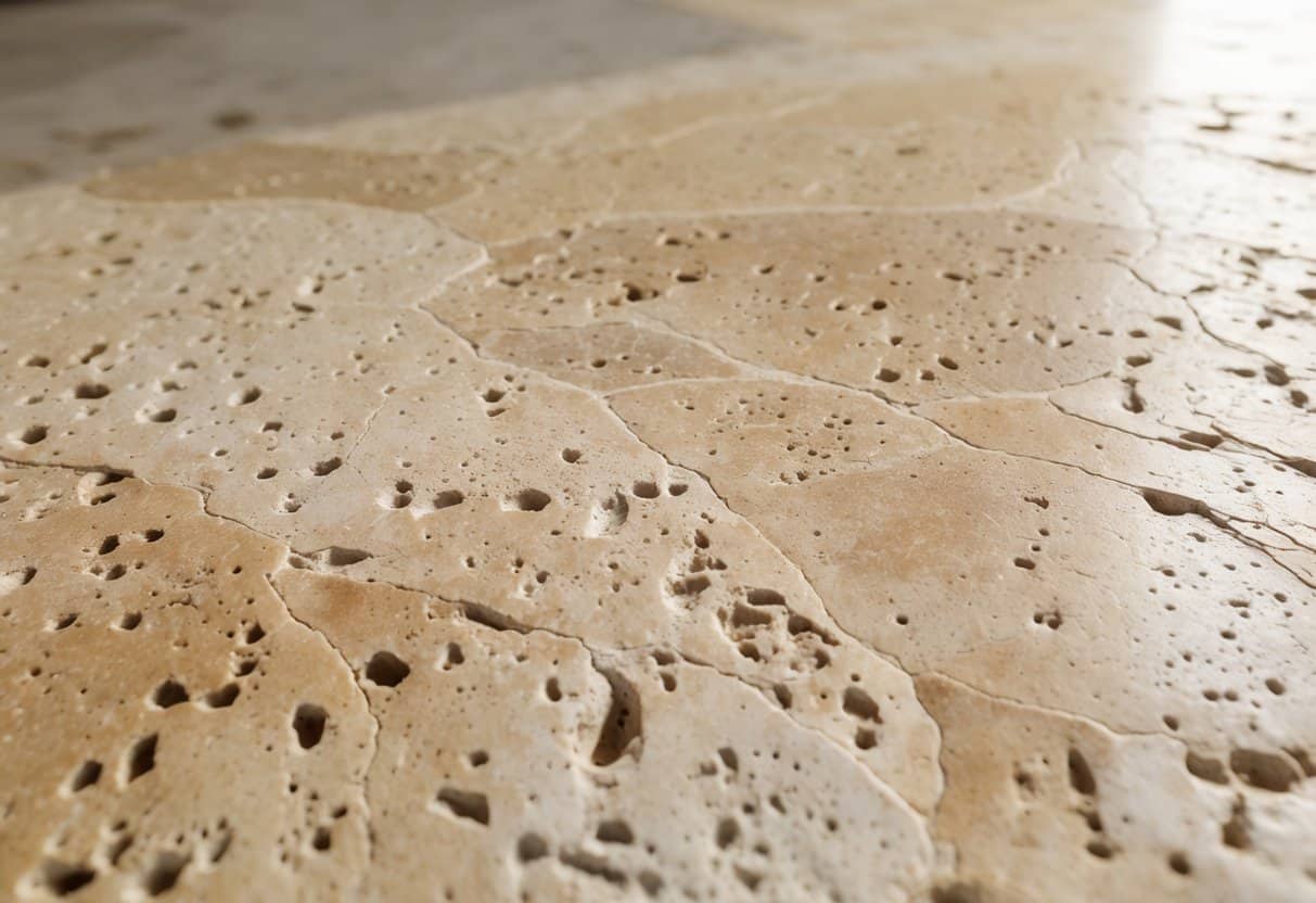 Superfície de pedra Travertino Navona com textura natural e tons bege claros.