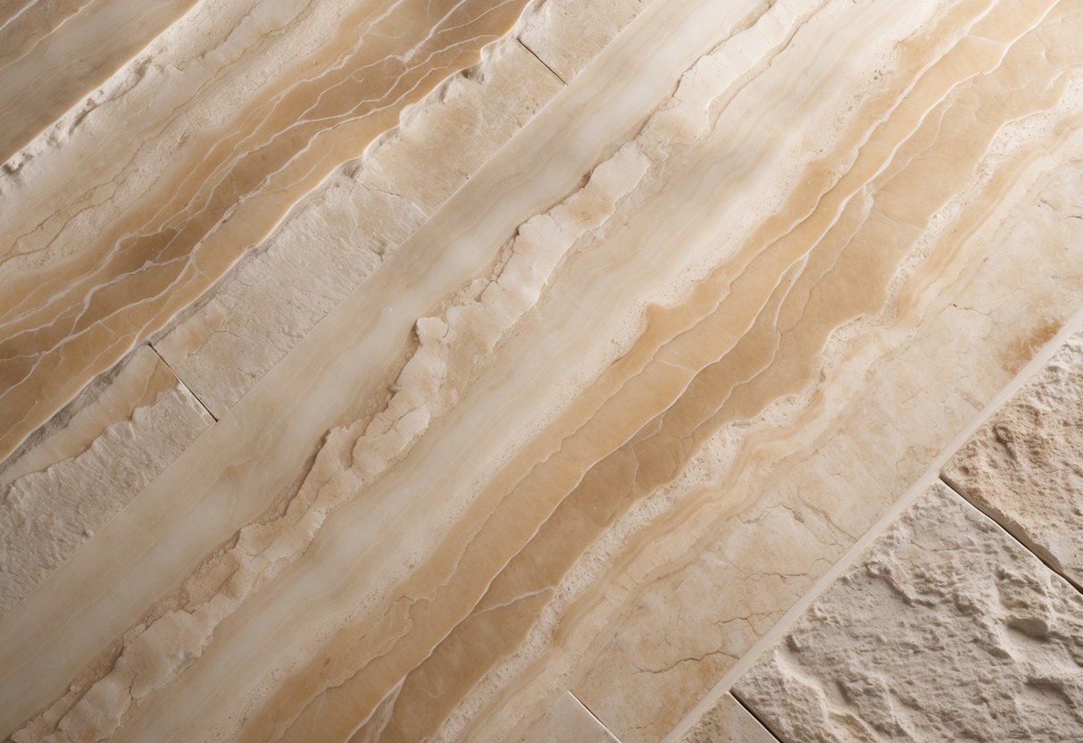 Superfície detalhada e polida da pedra travertino navona com tons bege e creme e textura natural.