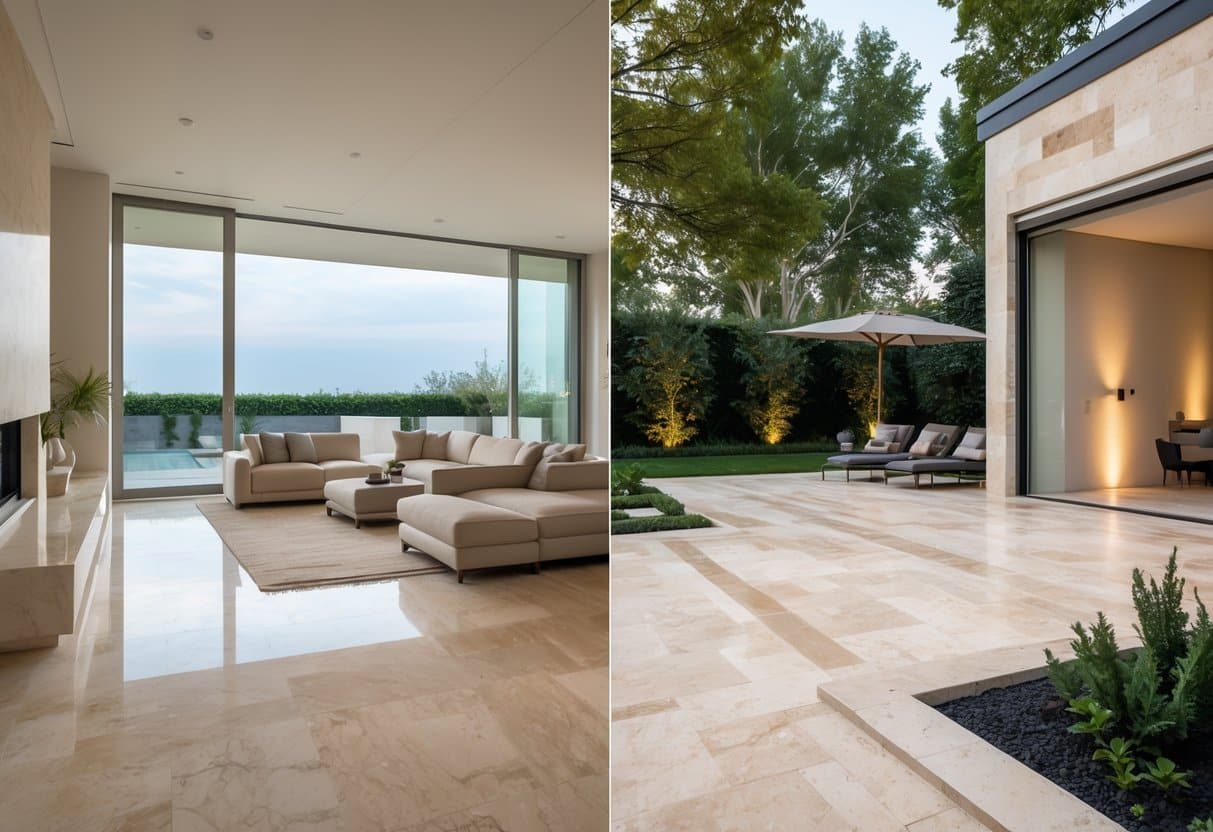 Ambientes internos e externos com pedra travertino navona aplicada no piso e paredes, incluindo uma sala de estar moderna e um pátio com jardim.