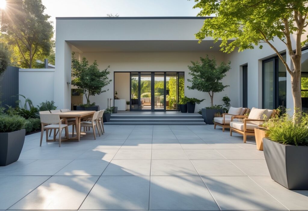 Área externa com piso de porcelanato, móveis de jardim e plantas ao redor.