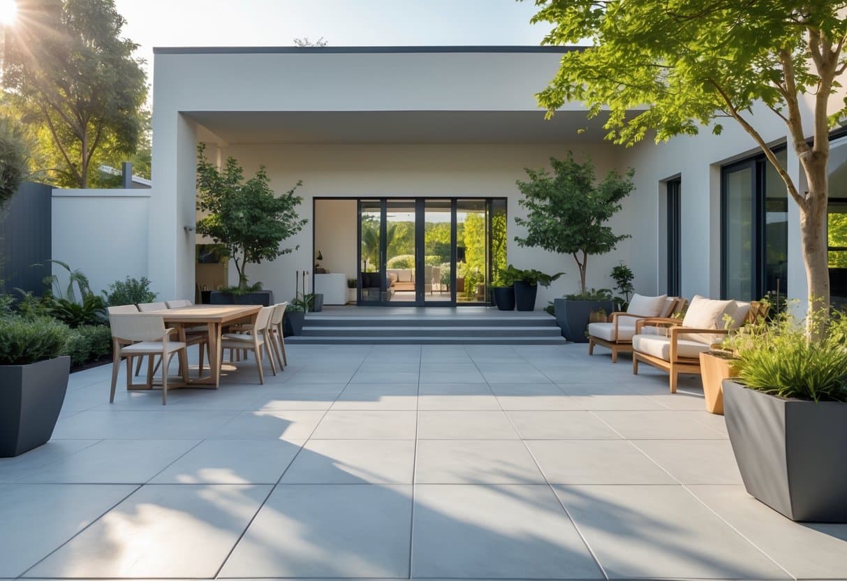 Área externa com piso de porcelanato, móveis de jardim e plantas ao redor.