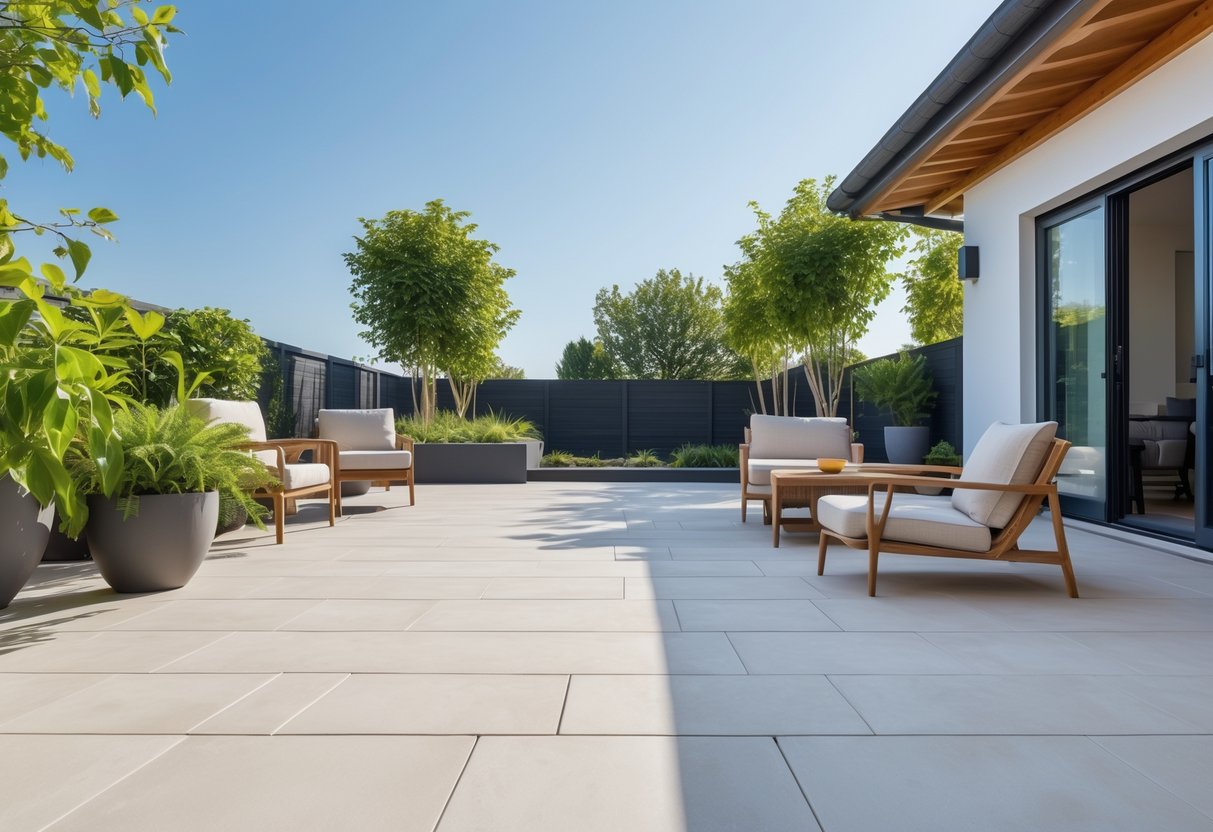 Área externa com piso de porcelanato, móveis de jardim e plantas em um ambiente ensolarado e bem cuidado.